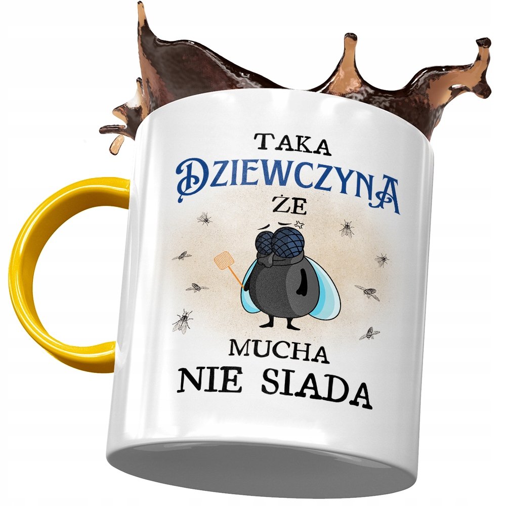 Kubek Żółty Dla Dziewczyny że Mucha Nie Siada z Nadrukiem ze Zdjęciem + Opakowanie na prezent (wzór 01)