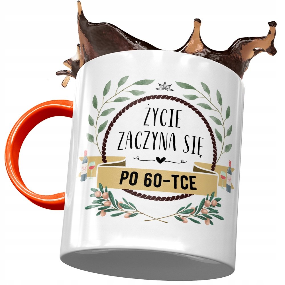 Kubek Pomarańczowy na Urodziny 60 60te 60-te z Nadrukiem ze Zdjęciem + Opakowanie na prezent (wzór 01)