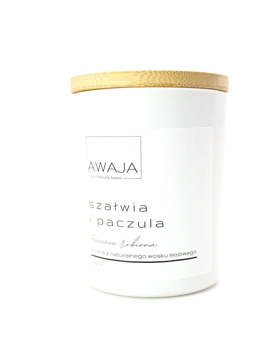Świeca sojowa szałwia i paczula – biała, zapachowa, handmade, prezent