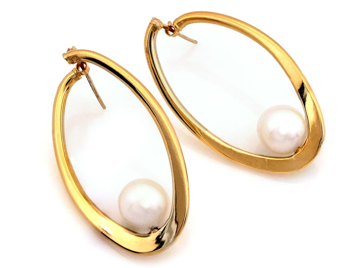 Kolczyki złote wiszące sztywne z perłą angielskie
