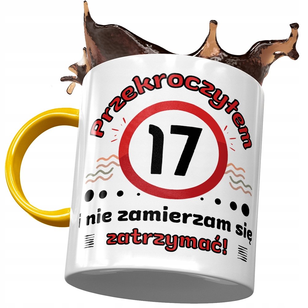 Kubek Żółty na Urodziny 17 17ste 17-ste na Prezent z Nadrukiem ze Zdjęciem + Opakowanie na prezent (wzór 01)