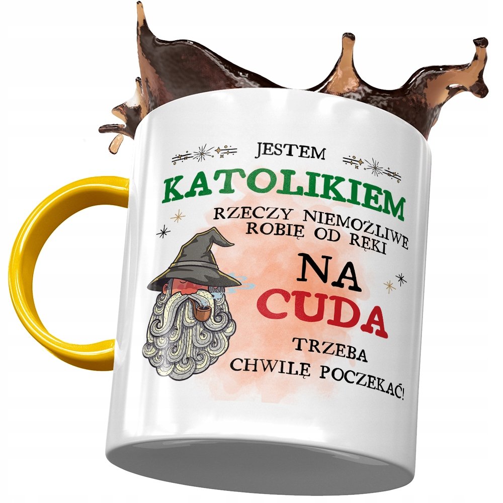 Kubek Żółty Dla Katolika Trzeba Chwilę Poczekać z Nadrukiem ze Zdjęciem + Opakowanie na prezent (wzór 01)