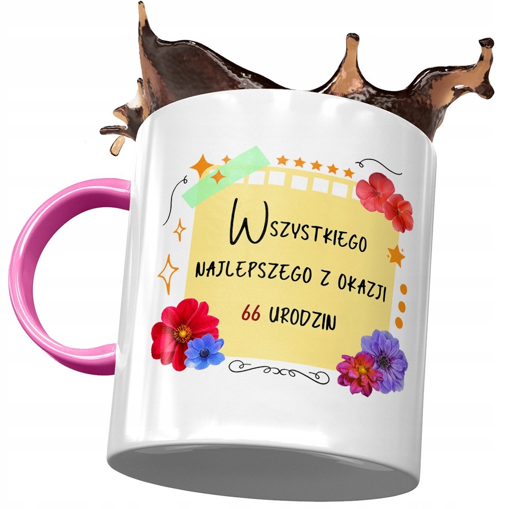 Kubek Różowy na Urodziny 66 66te 66-te Prezent z Nadrukiem ze Zdjęciem + Opakowanie na prezent (wzór 01)