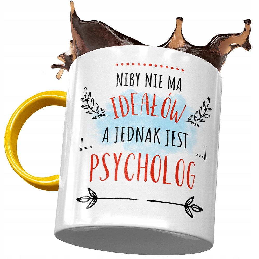 Kubek Żółty Dla Psychologa Niby Nie ma Ideałów z Nadrukiem ze Zdjęciem + Opakowanie na prezent (wzór 01)