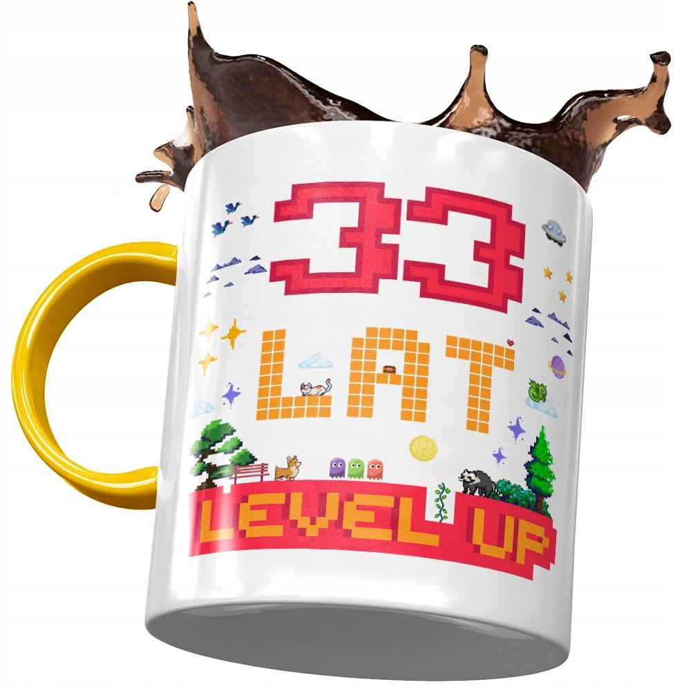 Kubek Żółty na Urodziny 33 33cie 33-cie na Prezent z Nadrukiem ze Zdjęciem + Opakowanie na prezent (wzór 01)