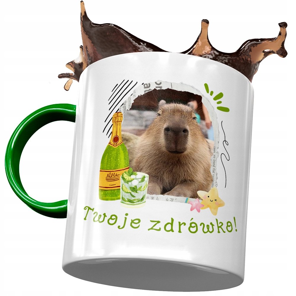 Kubek Zielony Kapibara Urodziny Imieniny Prezent z Nadrukiem ze Zdjęciem + Opakowanie na prezent (wzór 01)