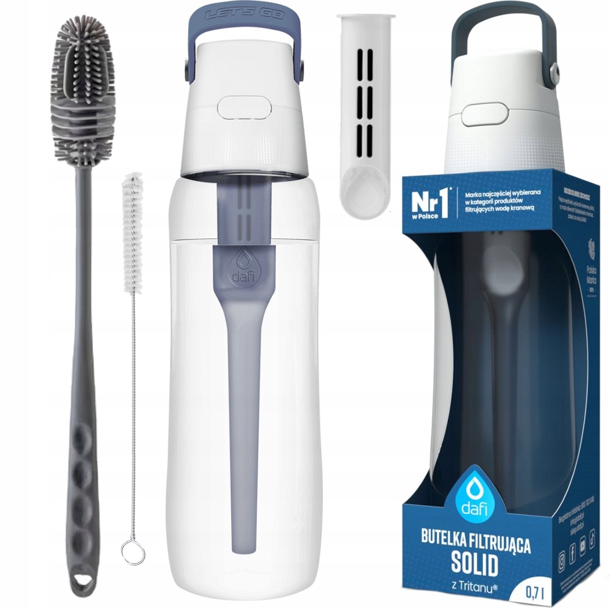 Szczoteczki mycia butelek rurek ustników + butelka Dafi Solid jeansowa 0,7