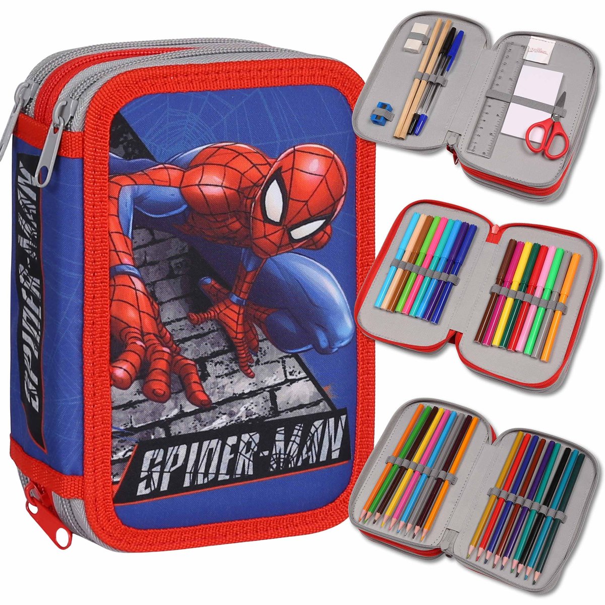 MARVEL Spider Man Piórnik trzykomorowy Z WYPOSAŻENIEM dla chłopca DO SZKOŁY - 45 elementów, 3 zamki