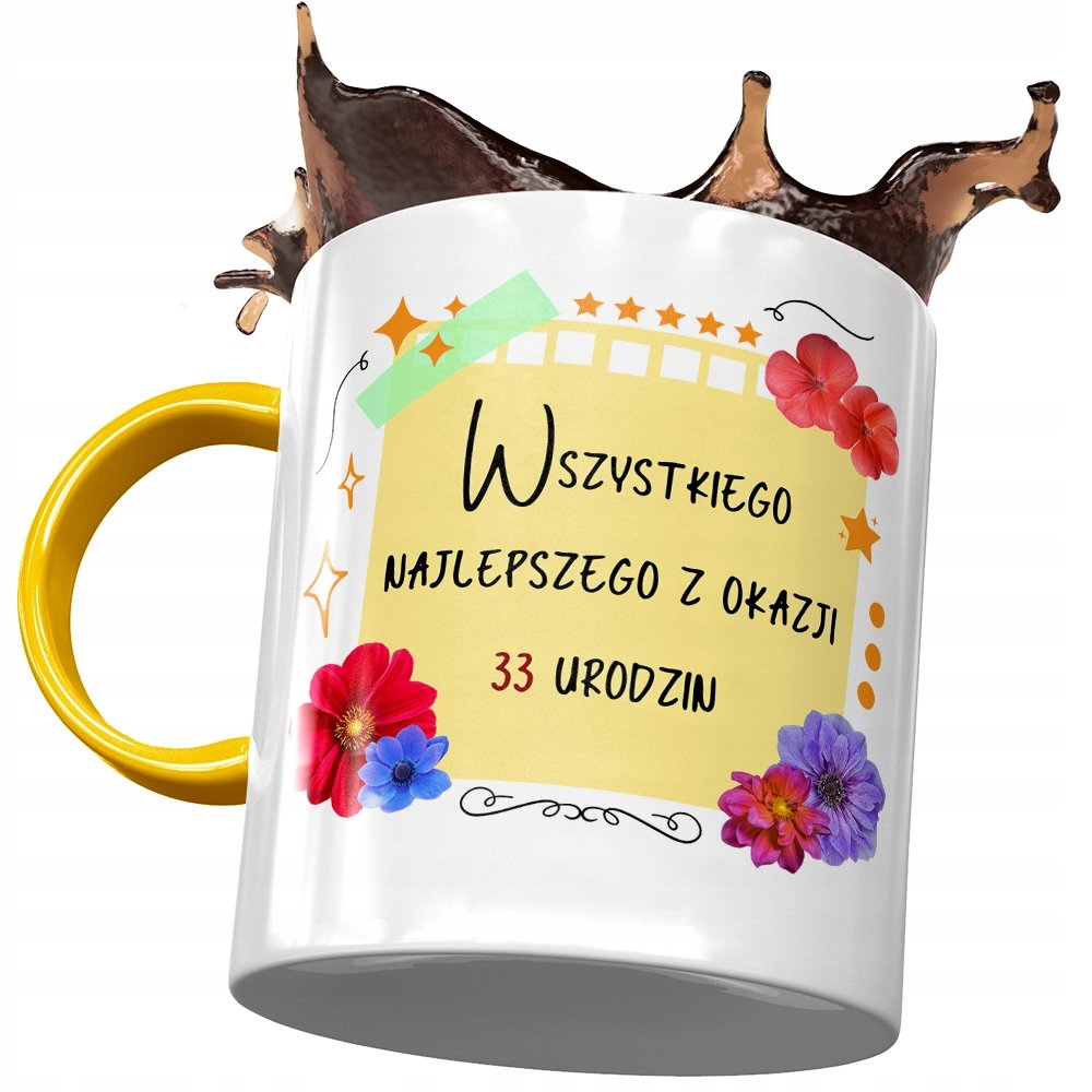 Kubek Żółty na Urodziny 33 33cie 33-cie na Prezent z Nadrukiem ze Zdjęciem + Opakowanie na prezent (wzór 01)