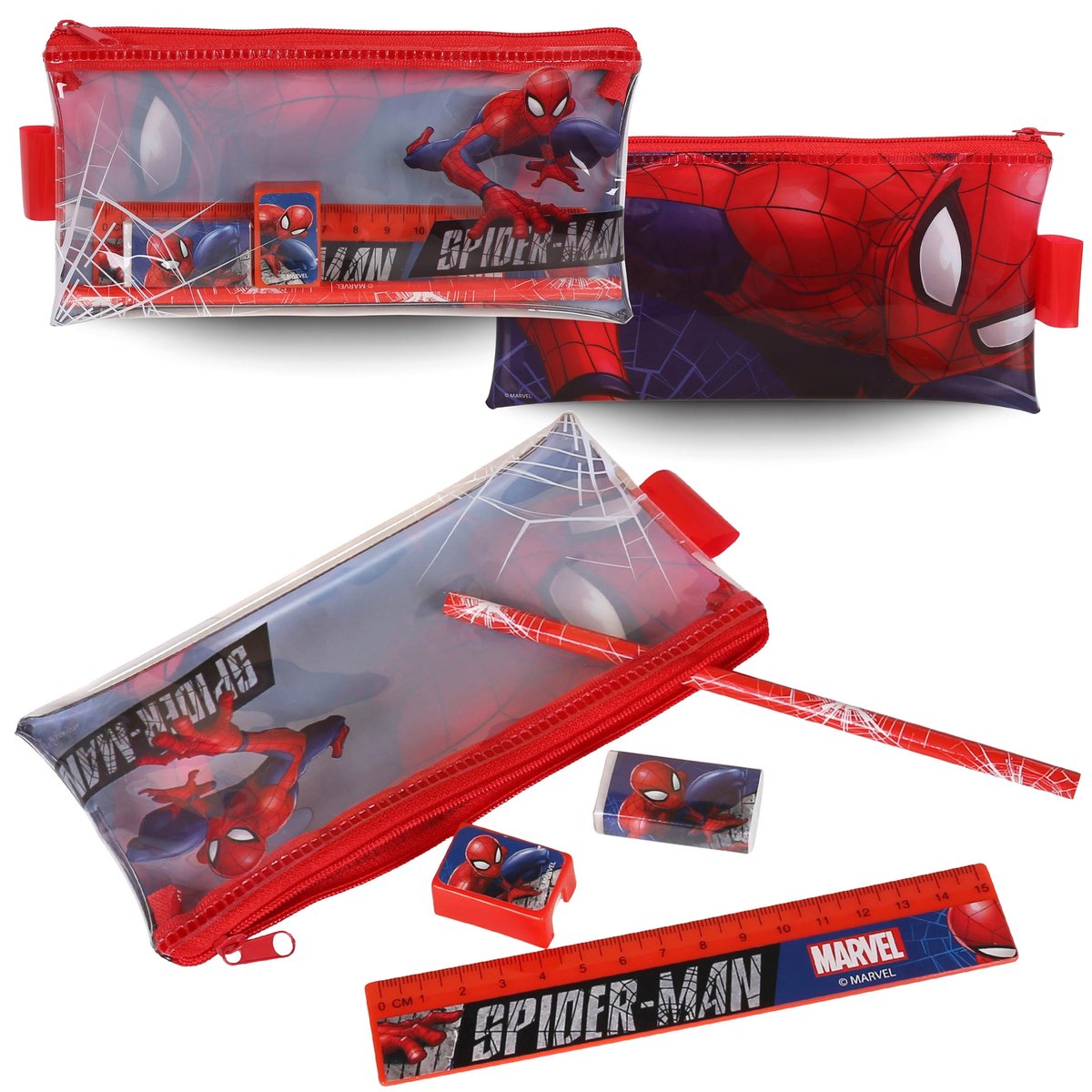 MARVEL Spider Man Transparentny PIÓRNIK na zamek Z WYPOSAŻENIEM, Saszetka dla chłopacy, ZESTAW SZKOLNY