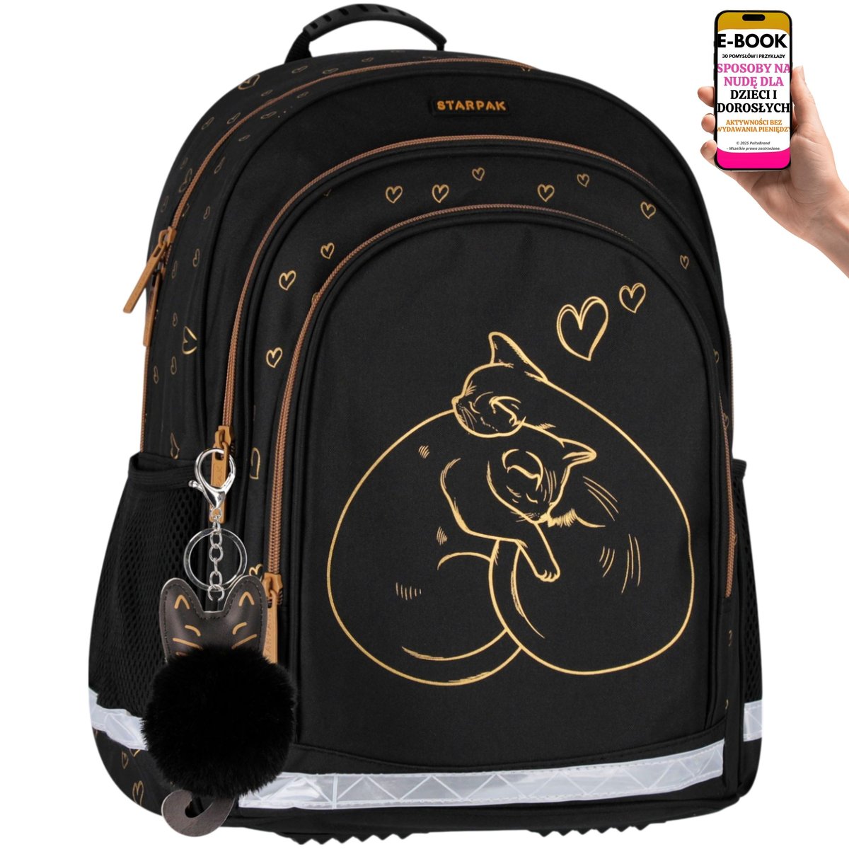 PLECAK NA WYPRAWKĘ SZKOLNĄ SZKOLNY DO SZKOŁY DLA CÓRKI DZIEWCZYNKI – MOTYW Z KOTKIEM – ODPORNY NA DESZCZ, Z WENTYLACJĄ I ODBLASKAMI + EBOOK-3