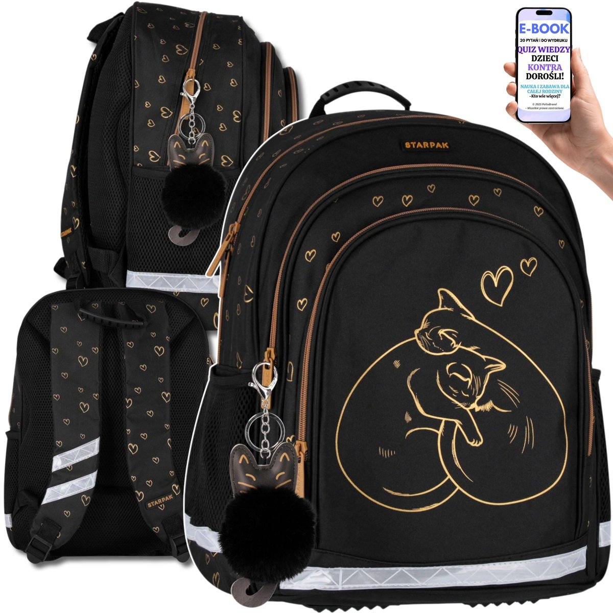 PLECAK TORNISTER DLA MAŁEJ MIŁOŚNICZKI KOTÓW SZKOLNY KLASA 1-3 CZARNO-ZŁOTY DESIGN, MOCNY, WYGODNY, ODPORNY NA DESZCZ + EBOOK-2