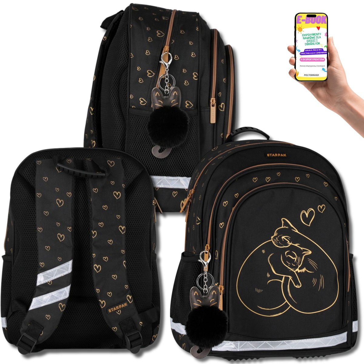 PLECAK SZKOLNY DLA DZIEWCZYNKI DO SZKOŁY – CZARNY ZŁOTY KOTEK KLASA 1 3 – ERGONOMICZNY, LEKKI, WODOODPORNY + EBOOK