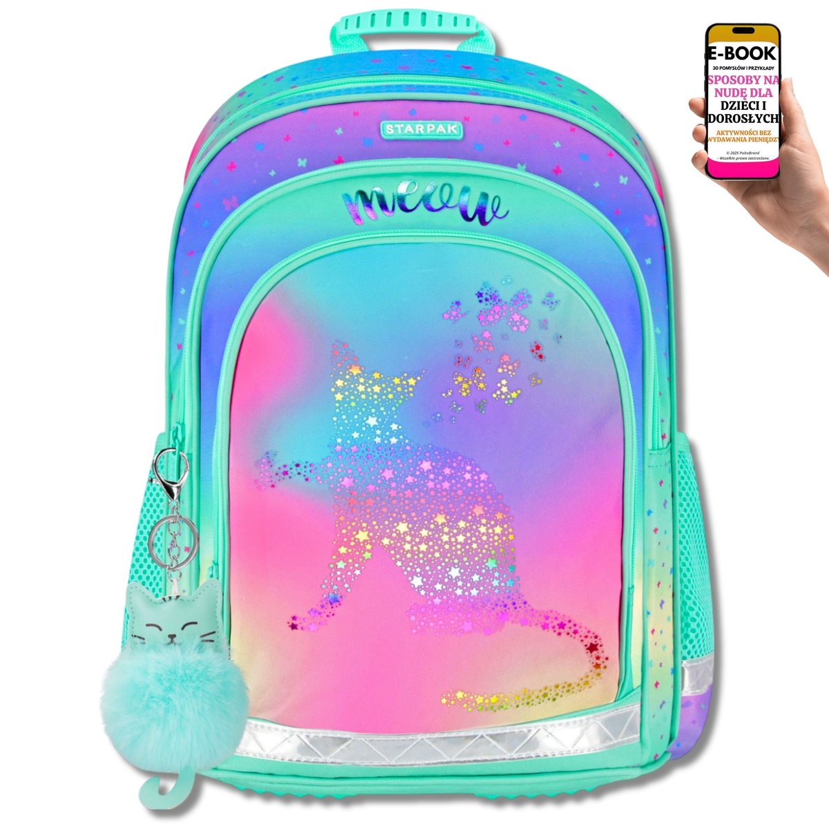 PLECAK NA WYPRAWKĘ SZKOLNĄ TORNISTER DLA DZIEWCZYNKI – Z HOLO KOTKIEM – KOMFORT, WENTYLACJA I WODOODPORNOŚĆ W JEDNYM + EBOOK-3