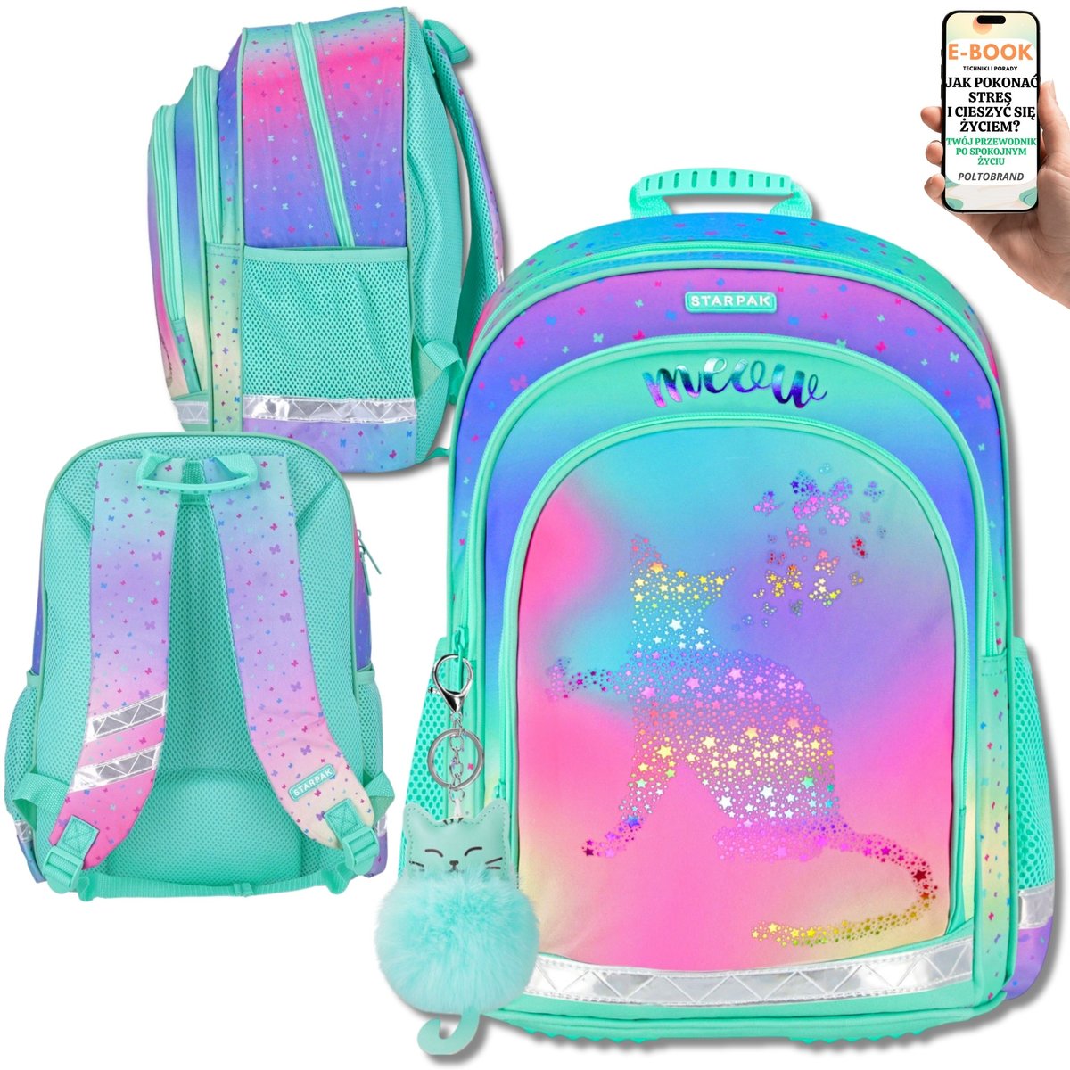 PLECAK SZKOLNY Z MOTYWEM KOTA DLA DZIEWCZYNKI KOTEK – WZMOCNIONE SZELKI, WENTYLACJA, ODPORNY NA WILGOĆ – DO KLASY 1–3 + EBOOK-1