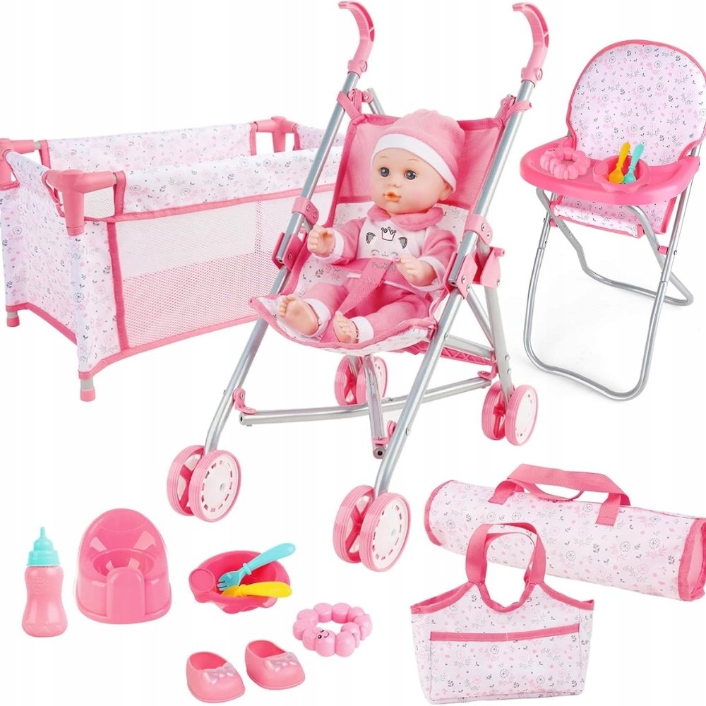 deAO Zestaw zabawek dla lalek Bebé 30 cm z wózkiem łóżeczkiem i akcesoriami