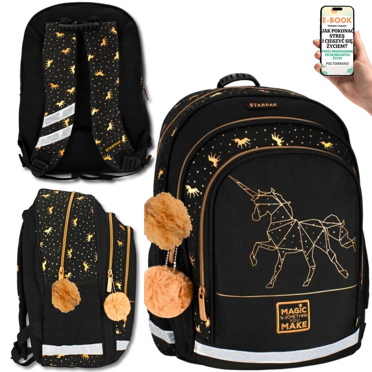 CZARNY PLECAK SZKOLNY DLA DZIEWCZYNKI JEDNOROŻEC – UNICORN + ZŁOTE DETALE – ODDYCHAJĄCY, BEZPIECZNY, WYGODNY + EBOOK-1