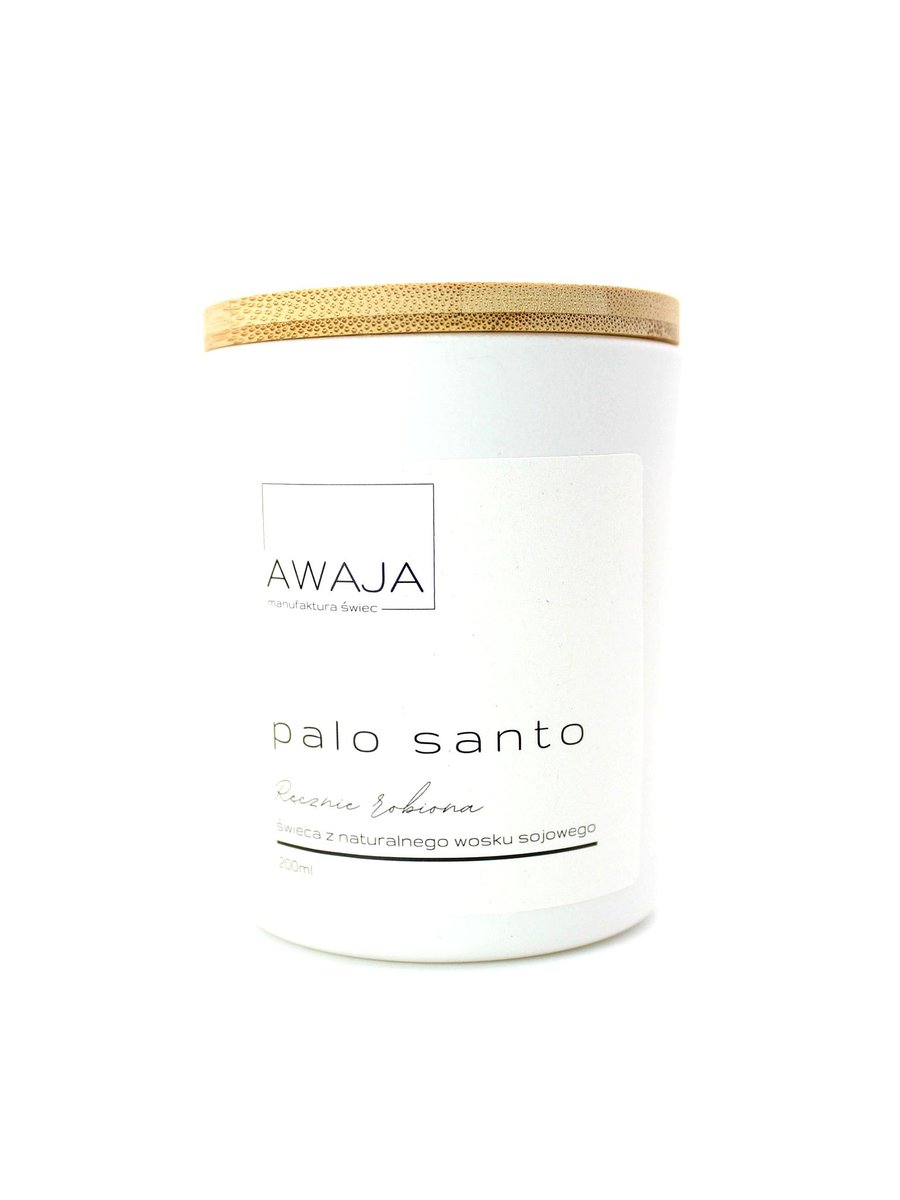 Świeca sojowa palo santo – biała, zapachowa, ręcznie robiona, prezent