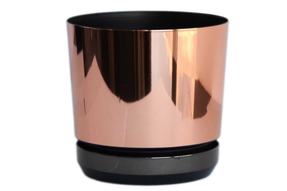 18 cm Doniczka DUO dwukolorowa ŁOSOSIOWA z podstawką CZARNA * nowoczesna * styl glamour * efekt lustra * wysoki lustrzany połysk metaliczna * z dren..