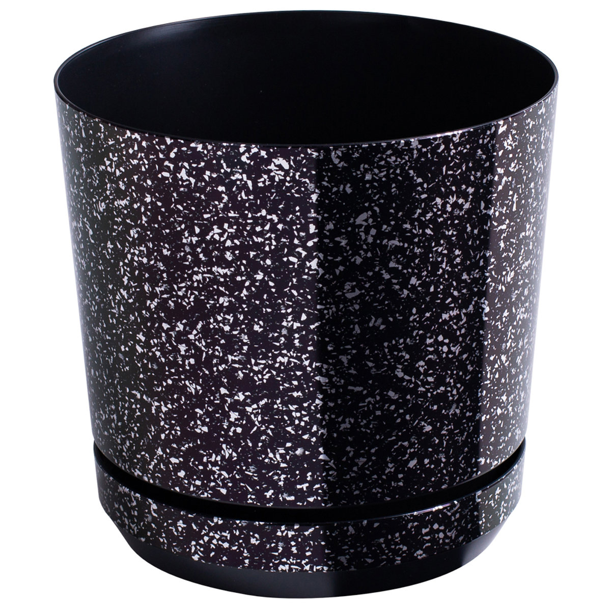 26 cm wzór CZARNY MARMUR * Doniczka z podstawką * lustrzane drobinki * z połyskiem * z drenażem * srebrne elementy * elegancka