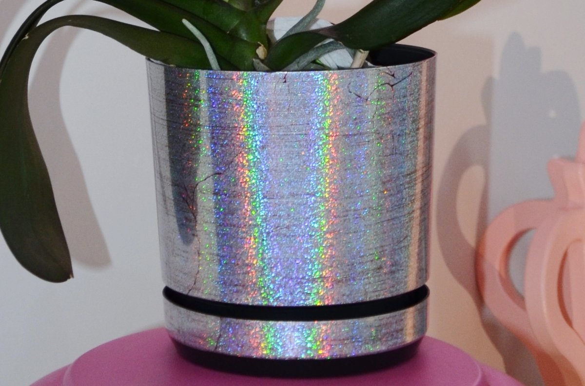 18 cm piękny wzór KSIĘŻYCOWY BLASK * Doniczka z podstawką * tęczowy efekt holograficzne drobinki * z drenażem * deseń holo * glamour* z efektem ceki..