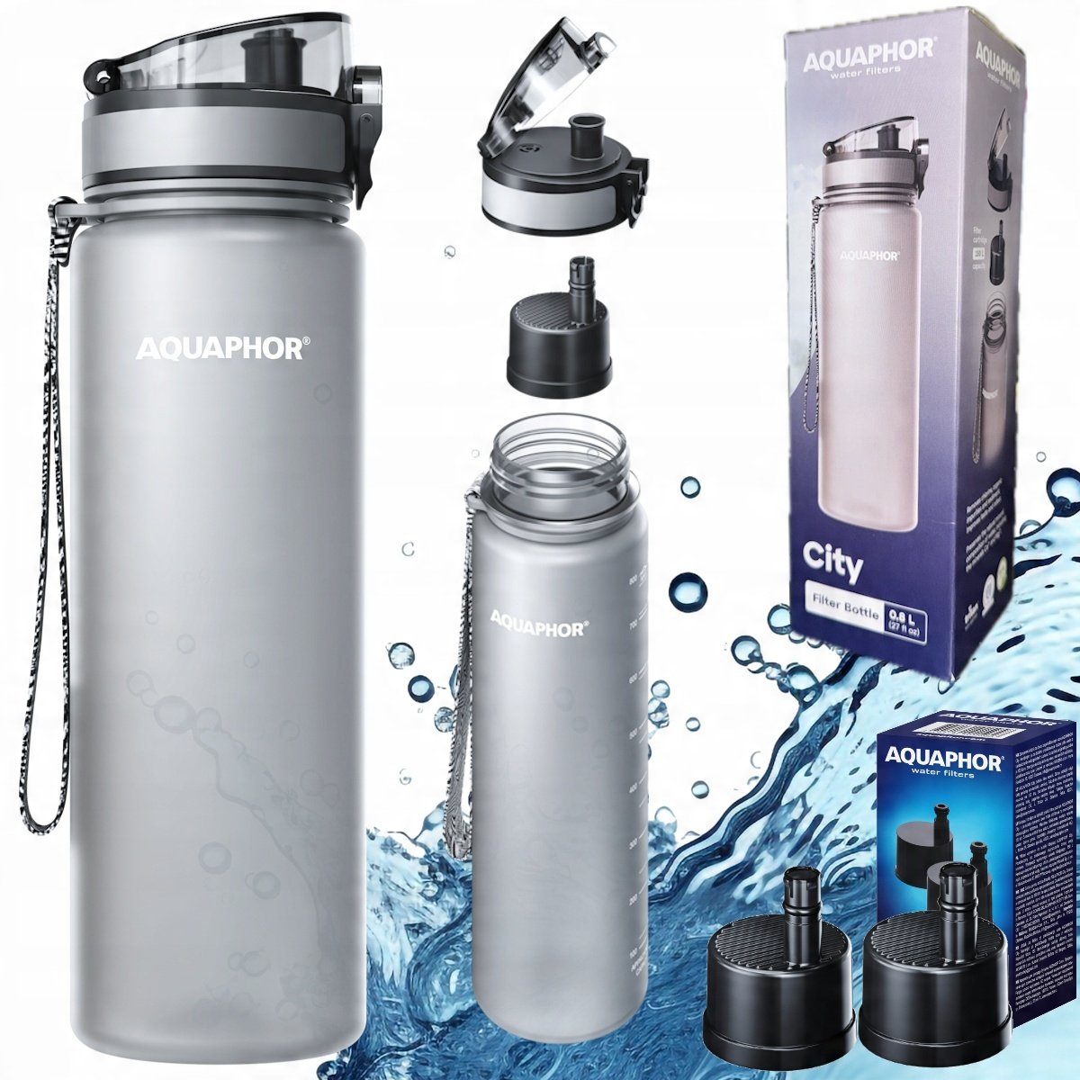 Zestaw butelka AQUAPHOR CITY 0,8l szara + 3 wkłady filtrujące