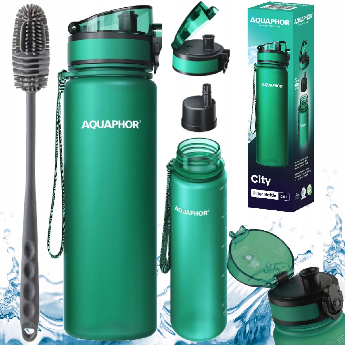 Szczoteczka do mycia + butelka + filtr AQUAPHOR CITY 0,5 butelkowa zieleń