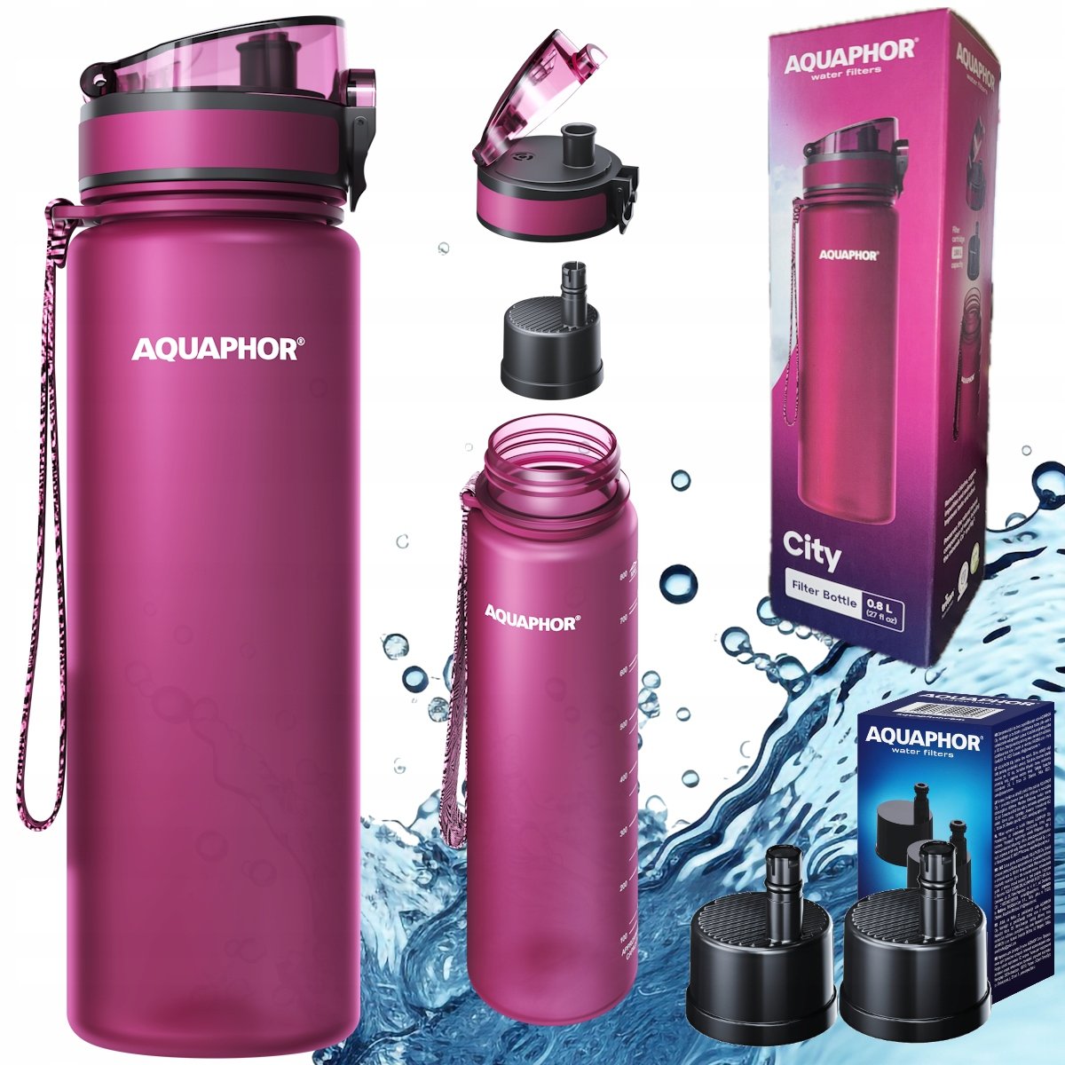 Butelka na wodę AQUAPHOR CITY 0,8l bordowa + 3x wkład filtrujący