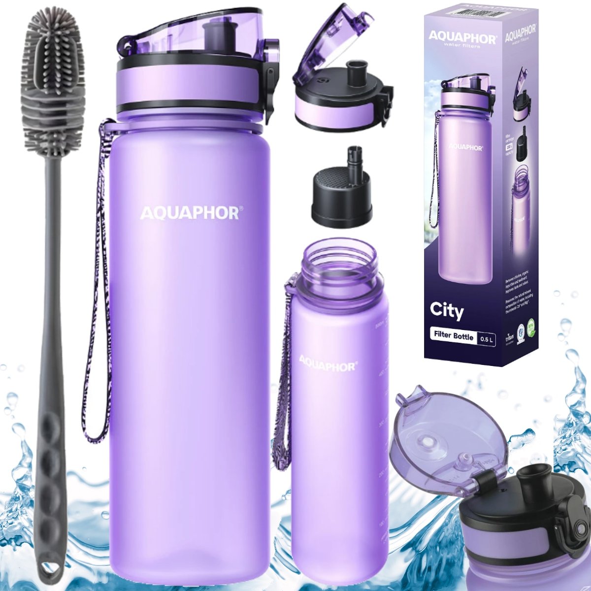 Zestaw szczoteczka do mycia + butelka z filtrem AQUAPHOR CITY 0,5 lawendowa