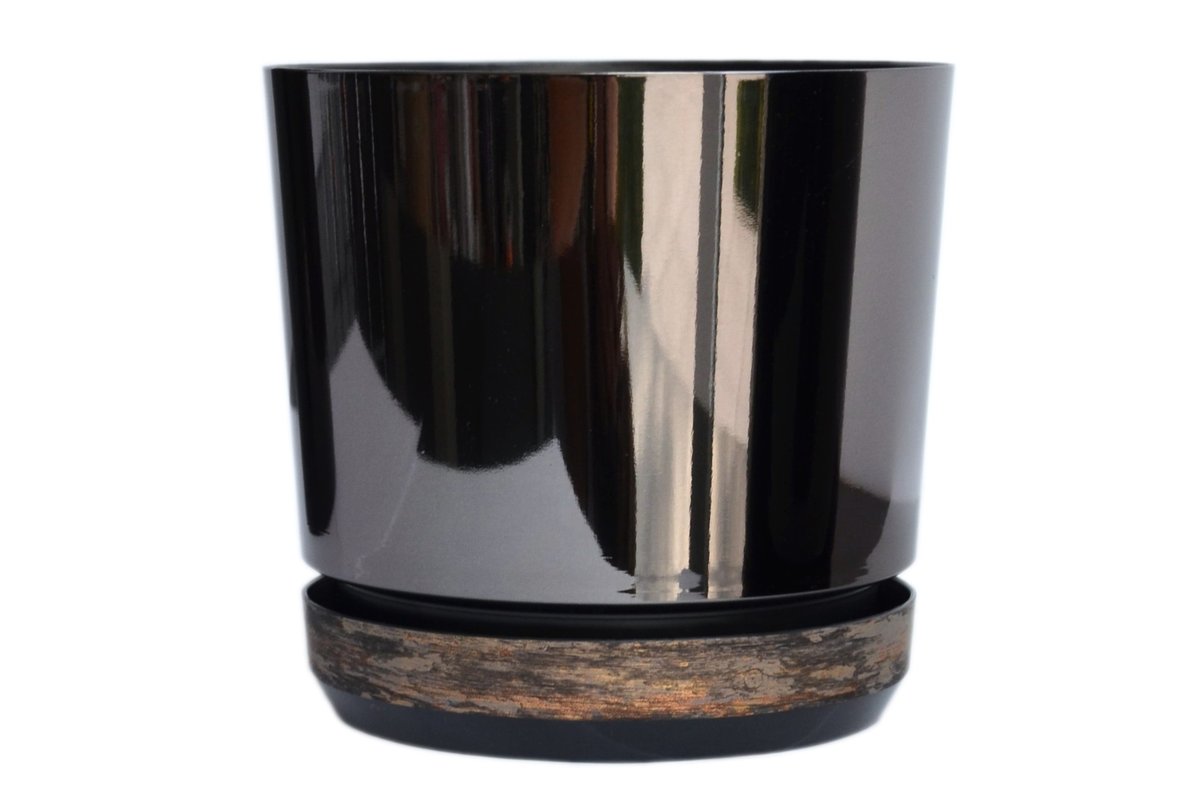 16 cm Doniczka DUO dwukolorowa CZARNA z podstawką RDZAWA KORA * nowoczesna * styl glamour * efekt lustra black * wysoki lustrzany połysk metaliczna ..