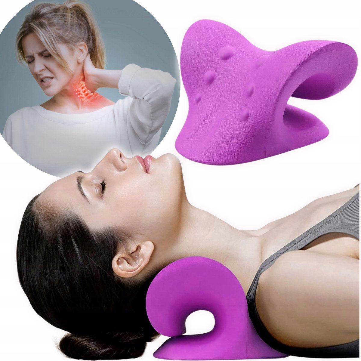 Poduszka Ortopedyczna Pod Kark Rozciągająca Kręgosłup Szyję Masażer Fiolet