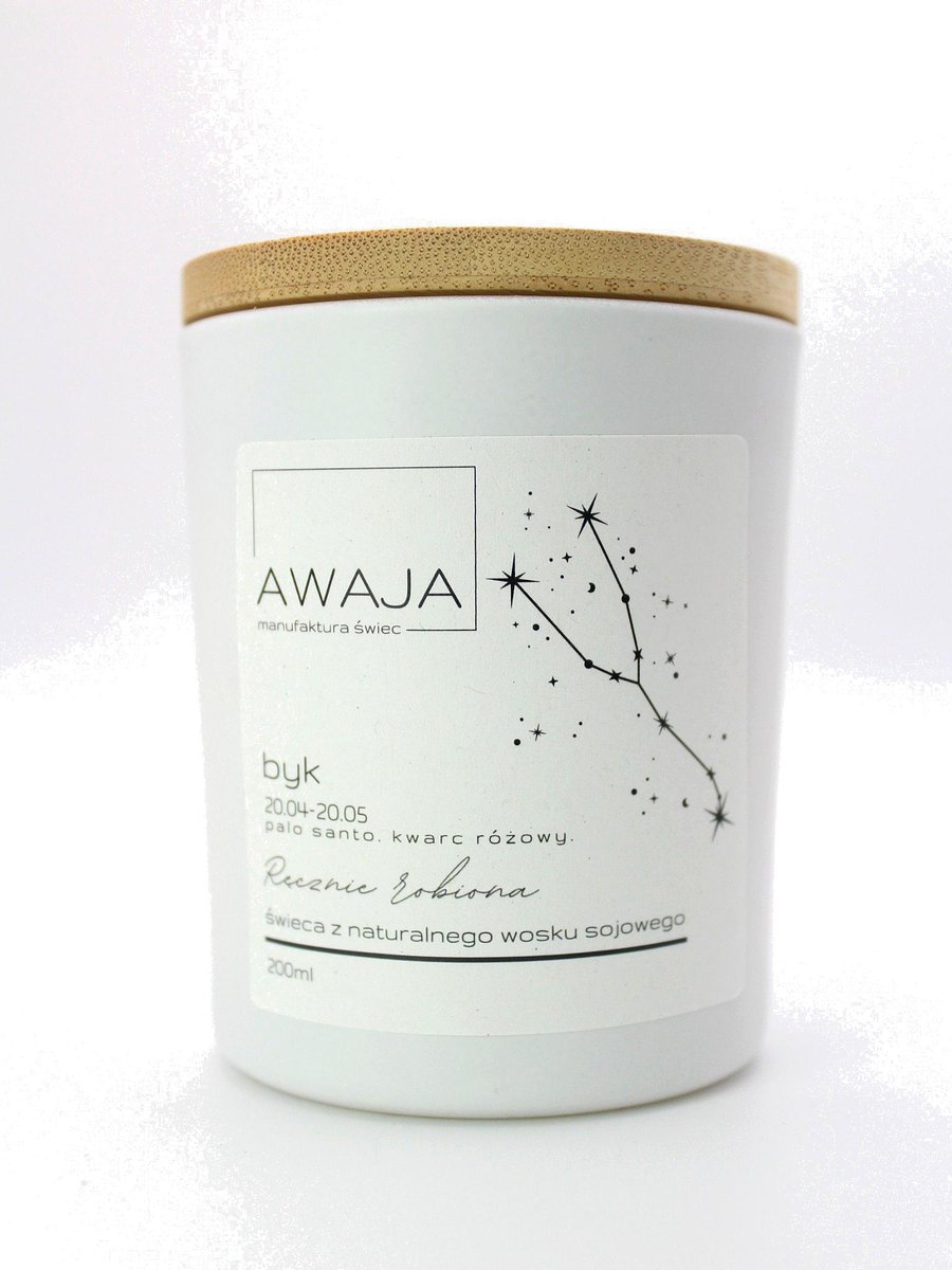 Świeca zodiakalna Byk – biała, sojowa, zapachowa, handmade, prezent