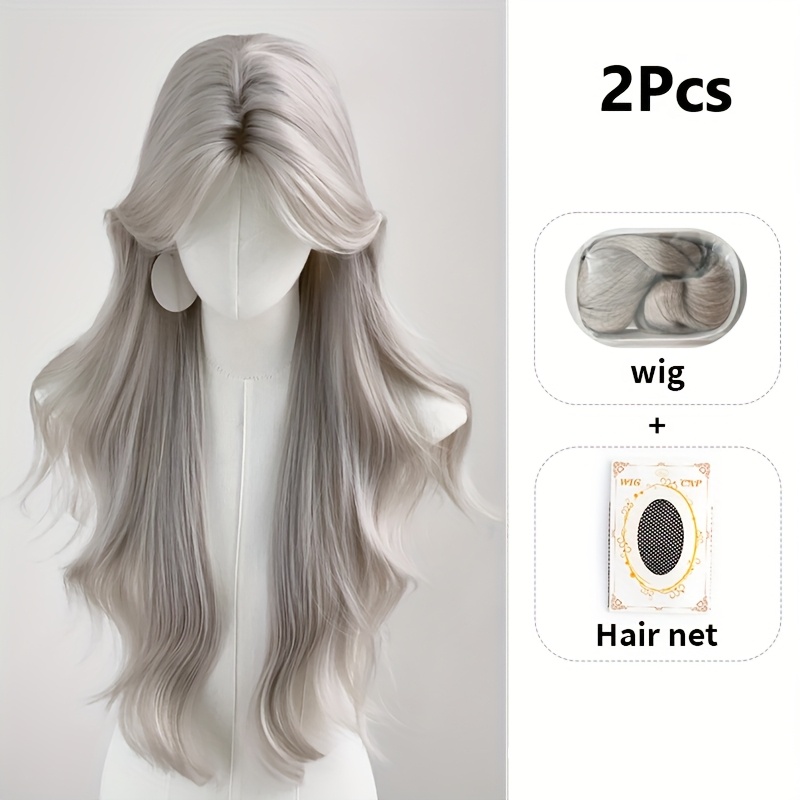 TEMU 2 szt. Elegancki srebrzysto-szary kręcony falowy perukę z siatką, wysokotemperaturowy włókno syntetyczne włosy dla kobiet, stylowy codzienny i