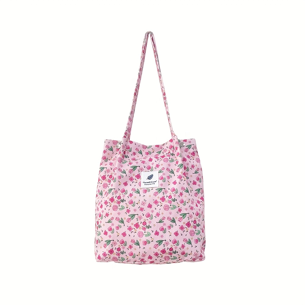 TEMU 1 Szt. Torba Tote z Kordem z Nadrukiem Tulipanów - Średnia, Casual dla Kobiet, Pranie w Praniu Maszynowym, Zapięcie na , Jasny Beż i Róż,