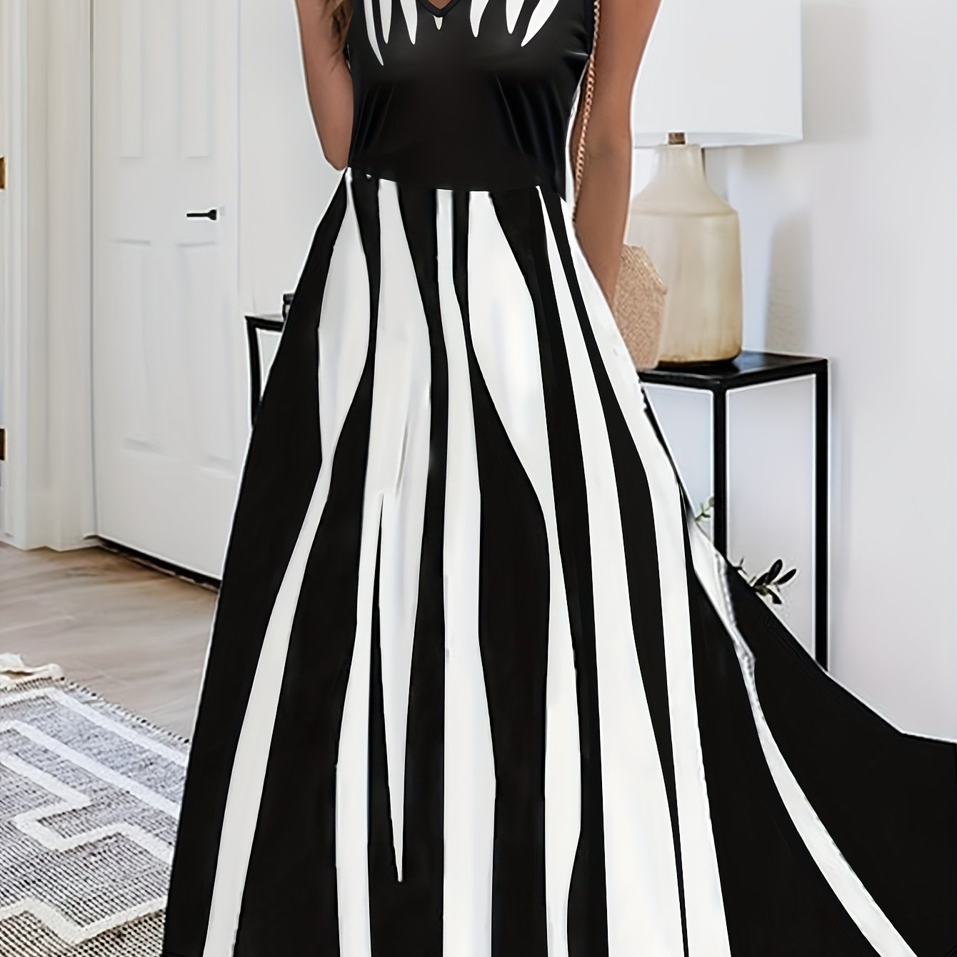 TEMU Letnia sukienka: Elegancka sukienka bez rękawów z dekoltem w serek i kontrastowym wzorem w paski, uniwersalna zarówno na okazje codzienne, jak i