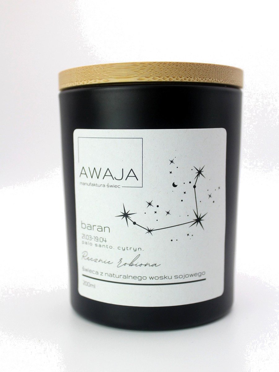 Świeca zodiakalna Baran – czarna, sojowa, zapachowa, handmade, prezent