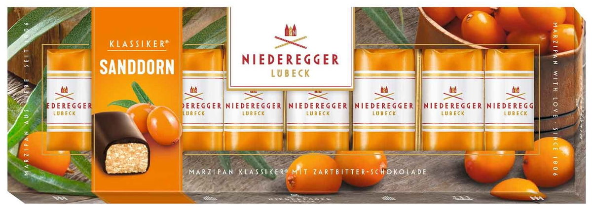 NIEDEREGGER Sanddorn praliny z nadzieniem marcepanowym rokitnik 100g
