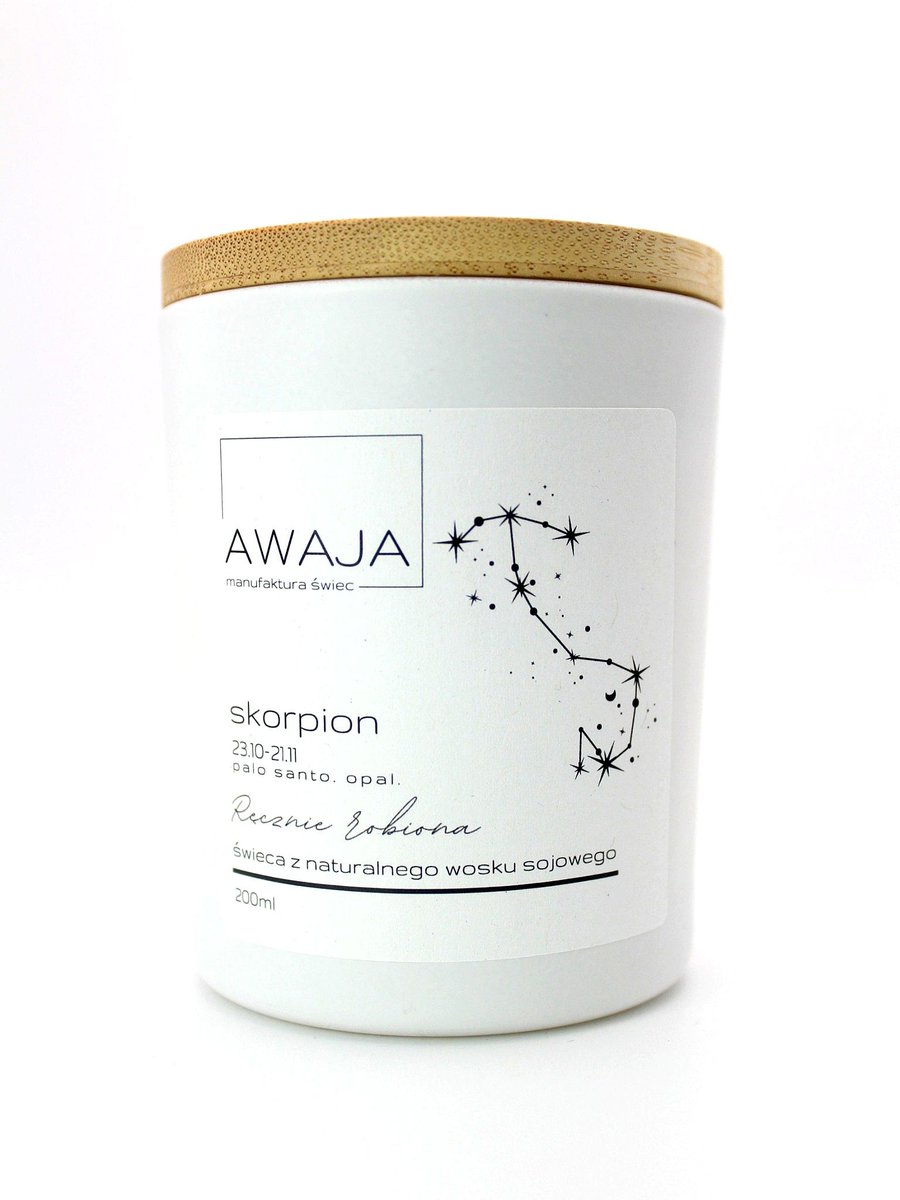 Świeca zodiakalna Skorpion – biała, sojowa, zapachowa, handmade, prezent