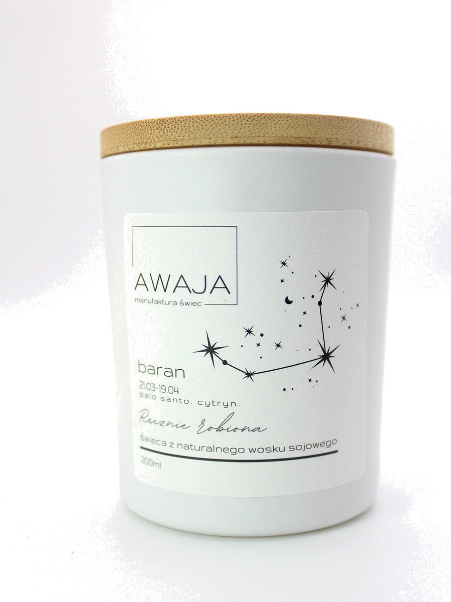 Świeca zodiakalna Baran – biała, sojowa, zapachowa, handmade, prezent