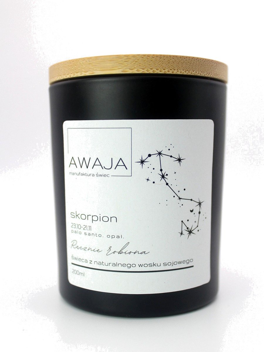 Świeca zodiakalna Skorpion – czarna, sojowa, zapachowa, handmade, prezent