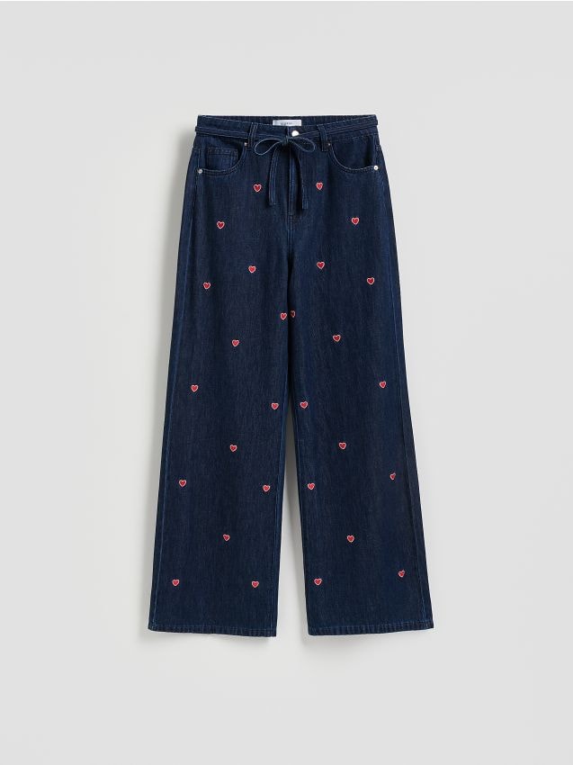 Reserved - Jeansy wide leg z haftem - granatowy