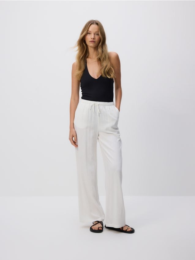 Reserved - Luźne spodnie z domieszką lnu - złamana biel