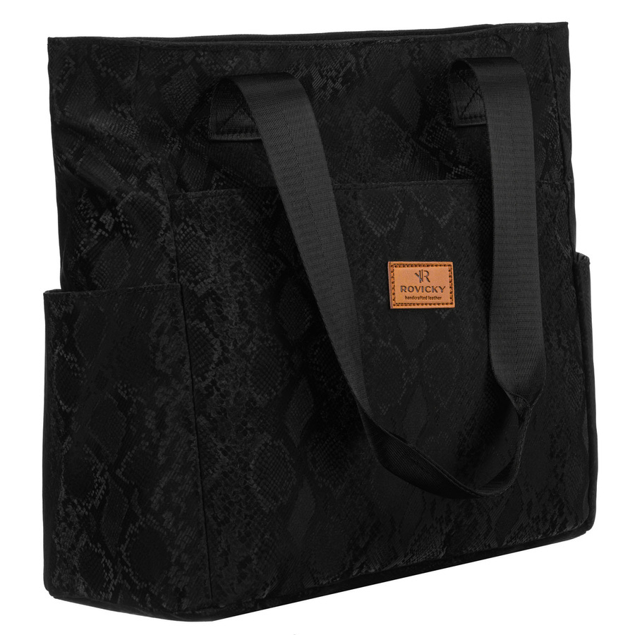 Czarny shopper damski z poliestru zawieszony na wygodnych uchwytach - Rovicky