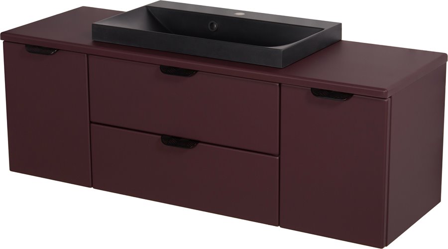 Burgundowa szafka łazienkowa wisząca z czarną umywalką nablatową czarny uchwyt 120 cm Magnolia
