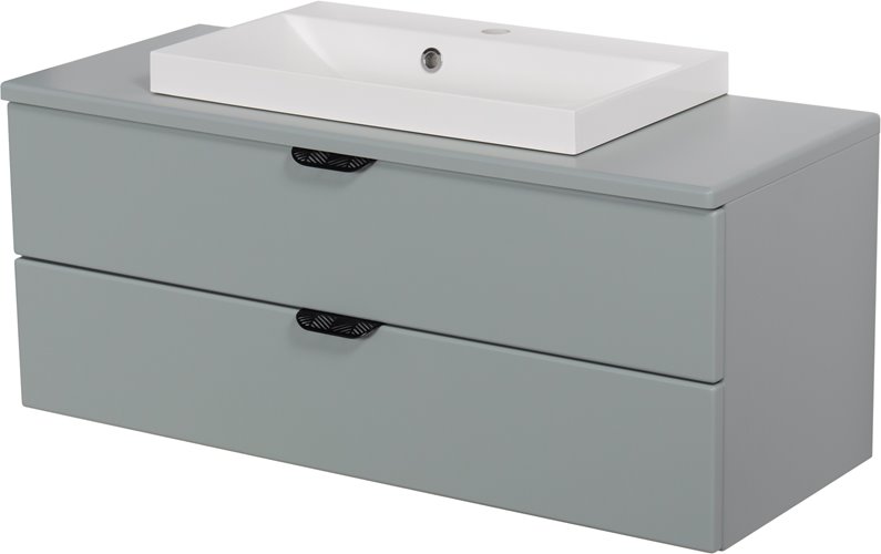 Miętowa szafka łazienkowa wisząca z białą umywalką nablatową czarny uchwyt 100 cm Magnolia