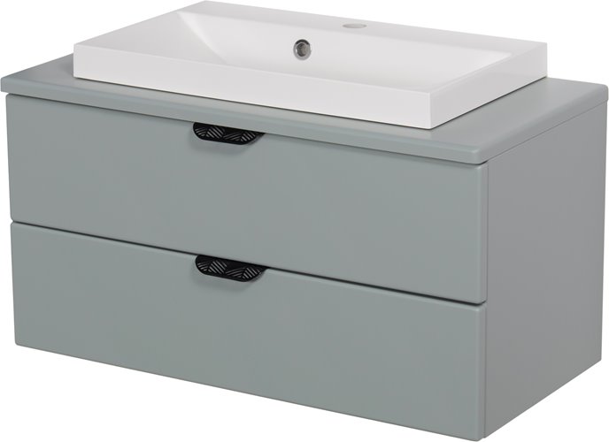 Miętowa szafka łazienkowa wisząca z białą umywalką nablatową czarny uchwyt 80 cm Magnolia