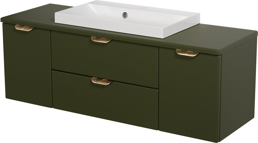 Oliwkowa szafka łazienkowa wisząca z białą umywalką nablatową złoty uchwyt 120 cm Magnolia