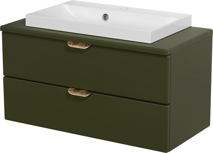 Oliwkowa szafka łazienkowa wisząca z białą umywalką nablatową złoty uchwyt 80 cm Magnolia