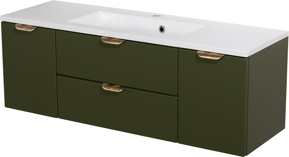 Oliwkowa szafka łazienkowa wisząca z umywalką złoty uchwyt 120 cm Magnolia