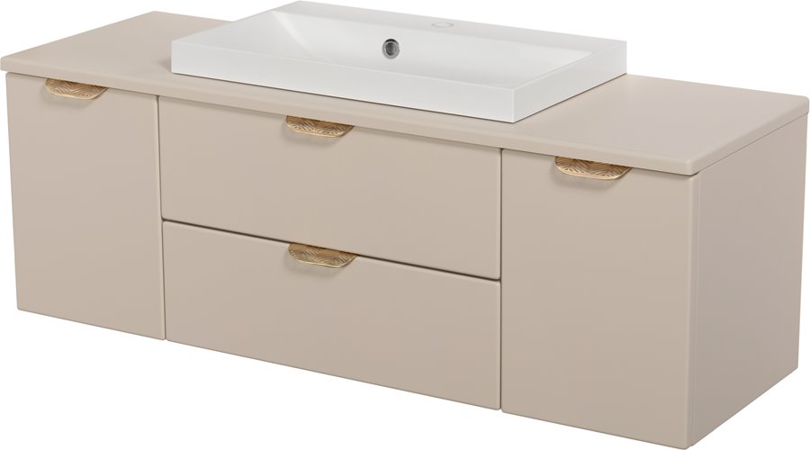 Piaskowa szafka łazienkowa wisząca z białą umywalką nablatową złoty uchwyt 120 cm Magnolia